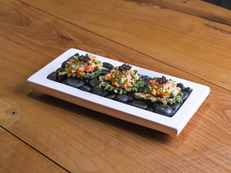 Creamy salmon on crispy shisho 